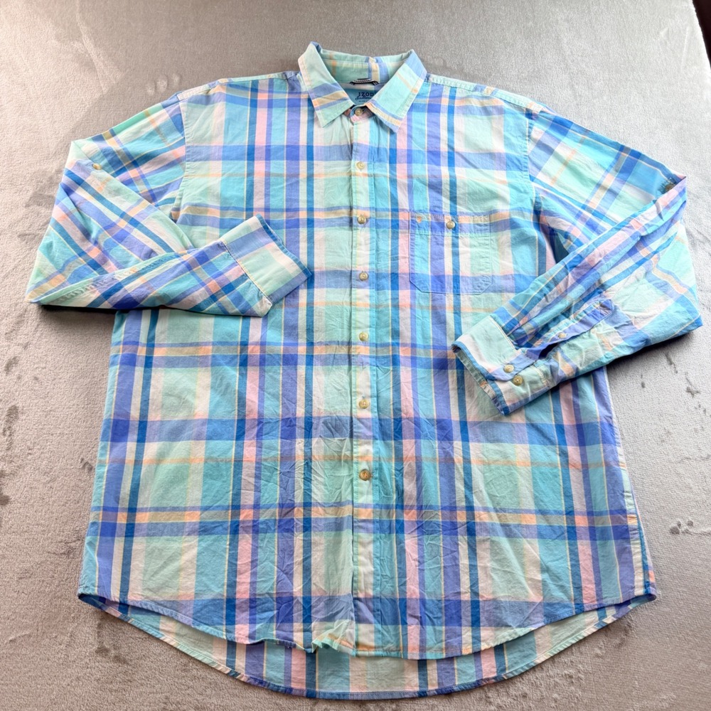 IZOD Saltwater Relaxed Classics Men's XL Blue Plaid Button Down Shirt Cotton